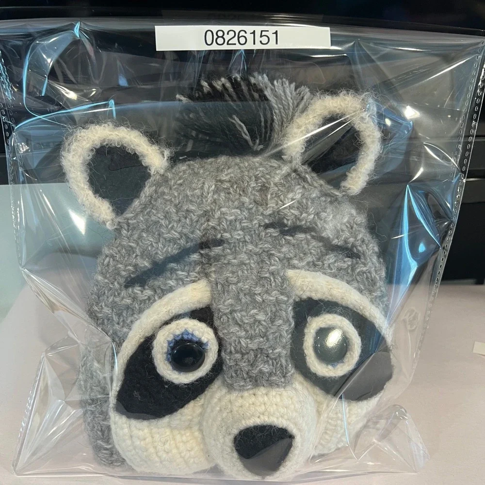 Kids Grey Jimothy Raccoon Hand Knit Animal Beanie Earflap Hat  Braided Tassels